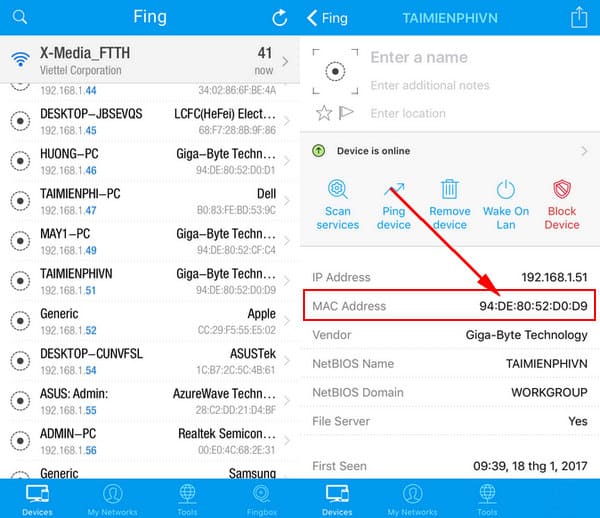 Chặn kết nối wifi từ điện thoại iphone bằng fing