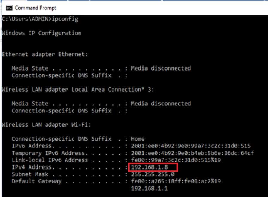 đọc địa chỉa IP trên giao diện hộp thoại Command prompt