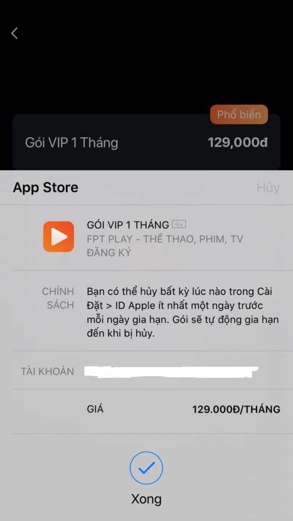 thanh toán mua tài khoản fpt play