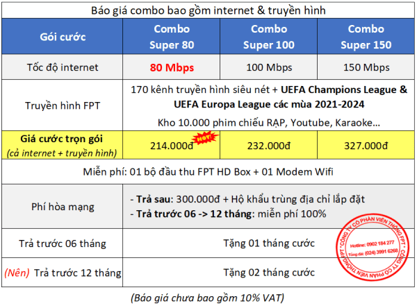 Gói cước combo internet + truyền hình FPT